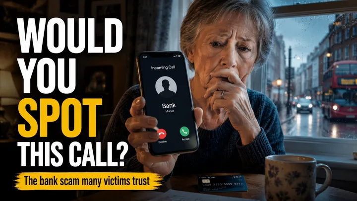 Older woman in a UK cafe holding a smartphone displaying an incoming call labelled "Bank Mobile", with a London street and a red double-decker bus visible through a rainy window.