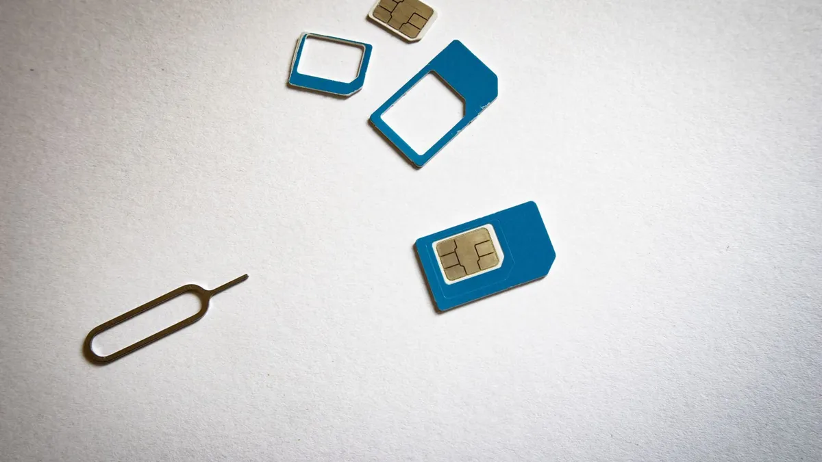 Close-up of SIM cards and ejector tool on white background, emphasizing telecommunication technology.