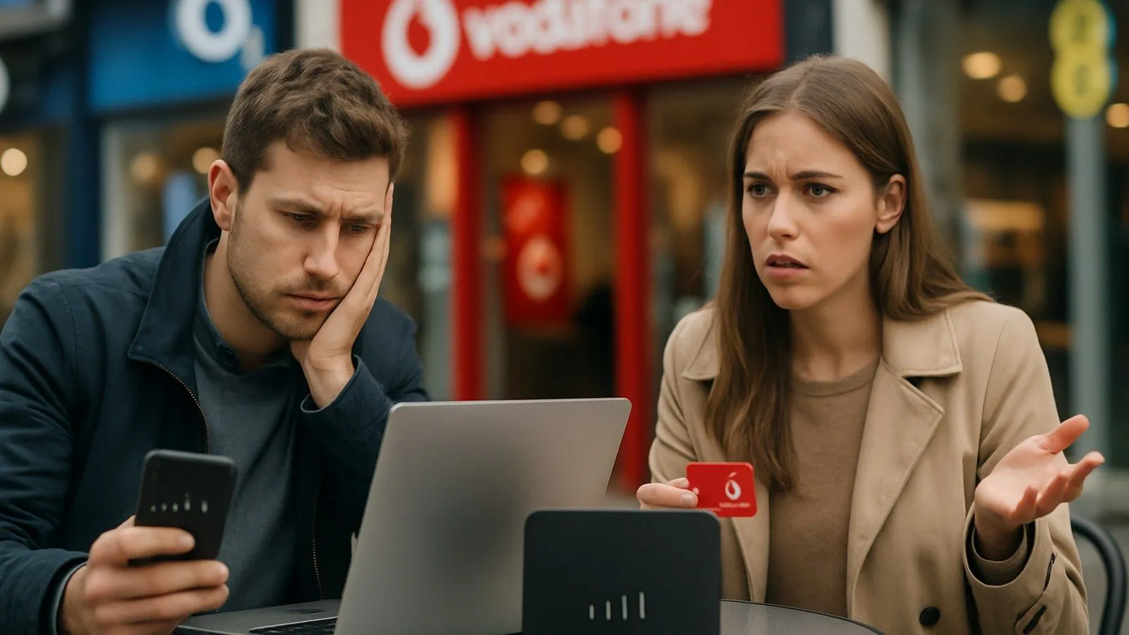A man and woman looking frustrated with their mobile devices and a router on a table outdoors.