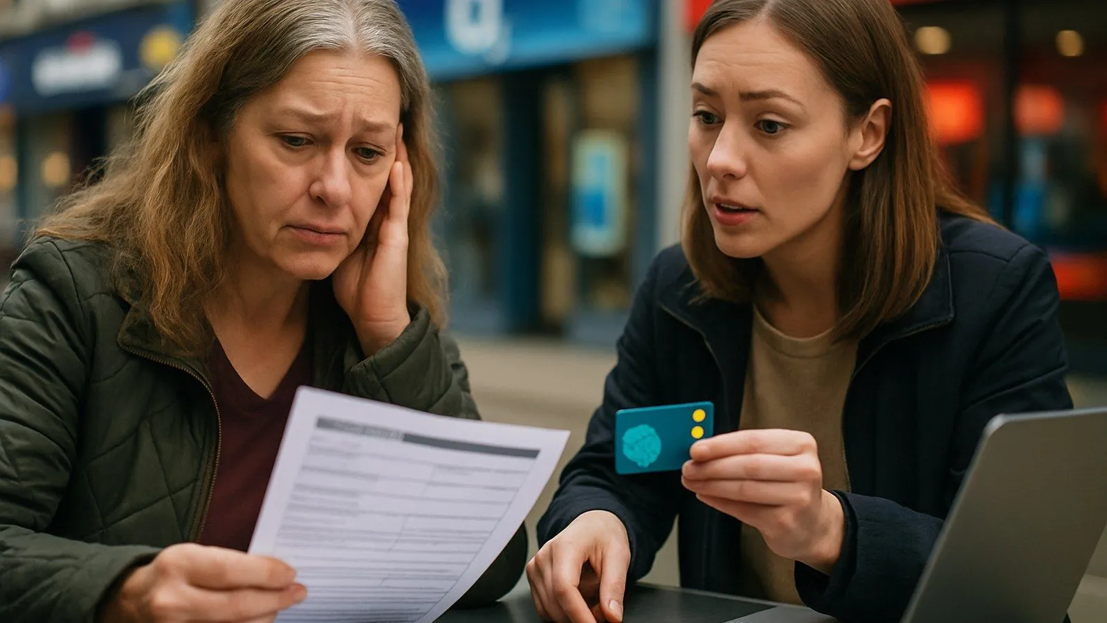 Two women sit at a table outdoors. One woman reads a document, looking worried, while the other holds a small blue card.