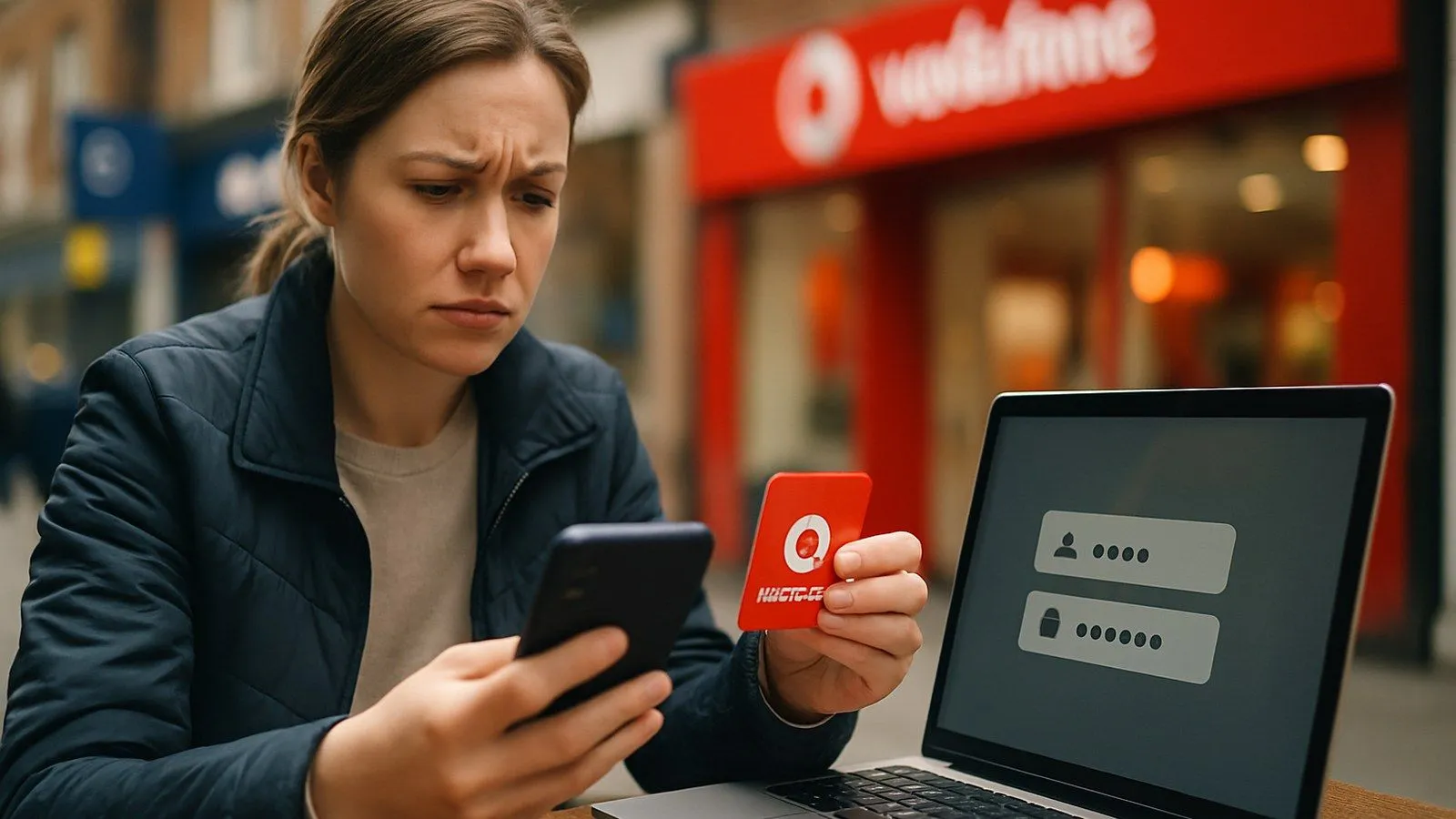 A frustrated woman holding a phone and a red card, looking at a laptop with a login screen.