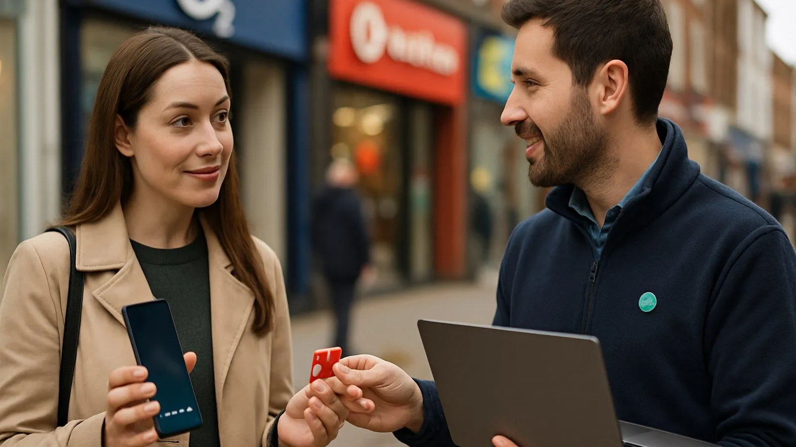A man hands a small red card to a woman holding a smartphone on a busy street.