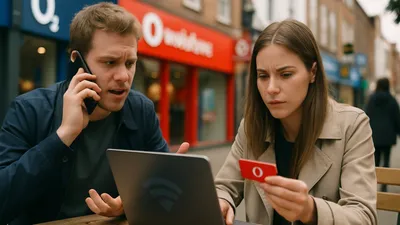 A man on the phone and a woman with a laptop and red card, both looking concerned.
