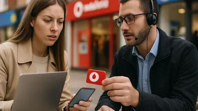 A man wearing a headset holds a red card and phone, talking to a woman with a laptop.