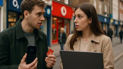 A man and woman stand on a street, looking concerned. The man holds a phone and a red SIM card.