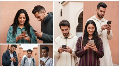 A collage of young people in traditional Moroccan clothing using smartphones in an outdoor setting.