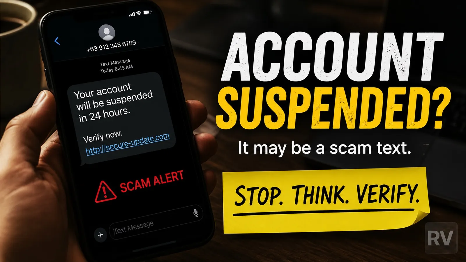 Hand holding a smartphone showing a scam SMS that reads "Account suspended in 24 hours, verify now", with a red "SCAM ALERT" label overlaid and the text "Stop. Think. Verify." next to the phone.