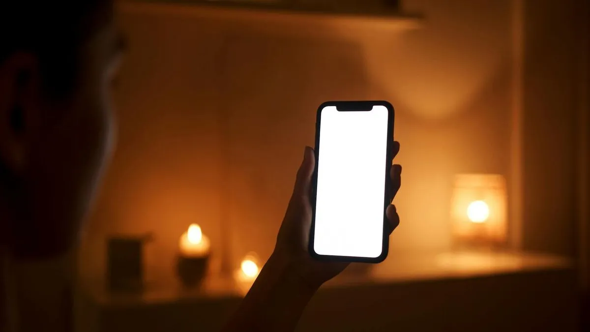 A hand holds a smartphone with a blank white screen in a dimly lit room with candles.