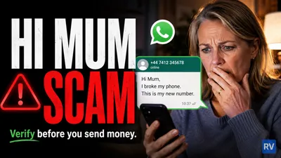 Older woman in a UK kitchen with a worried expression, holding a smartphone that displays a WhatsApp message reading "Hi Mum, I've lost my phone, can you send me some money?", and holding a bank card in her other hand.