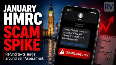 A smartphone showing a fake HMRC tax refund text, with the Palace of Westminster (Big Ben) blurred behind under a stormy red sky and a calendar on the right marking the Self Assessment deadline.