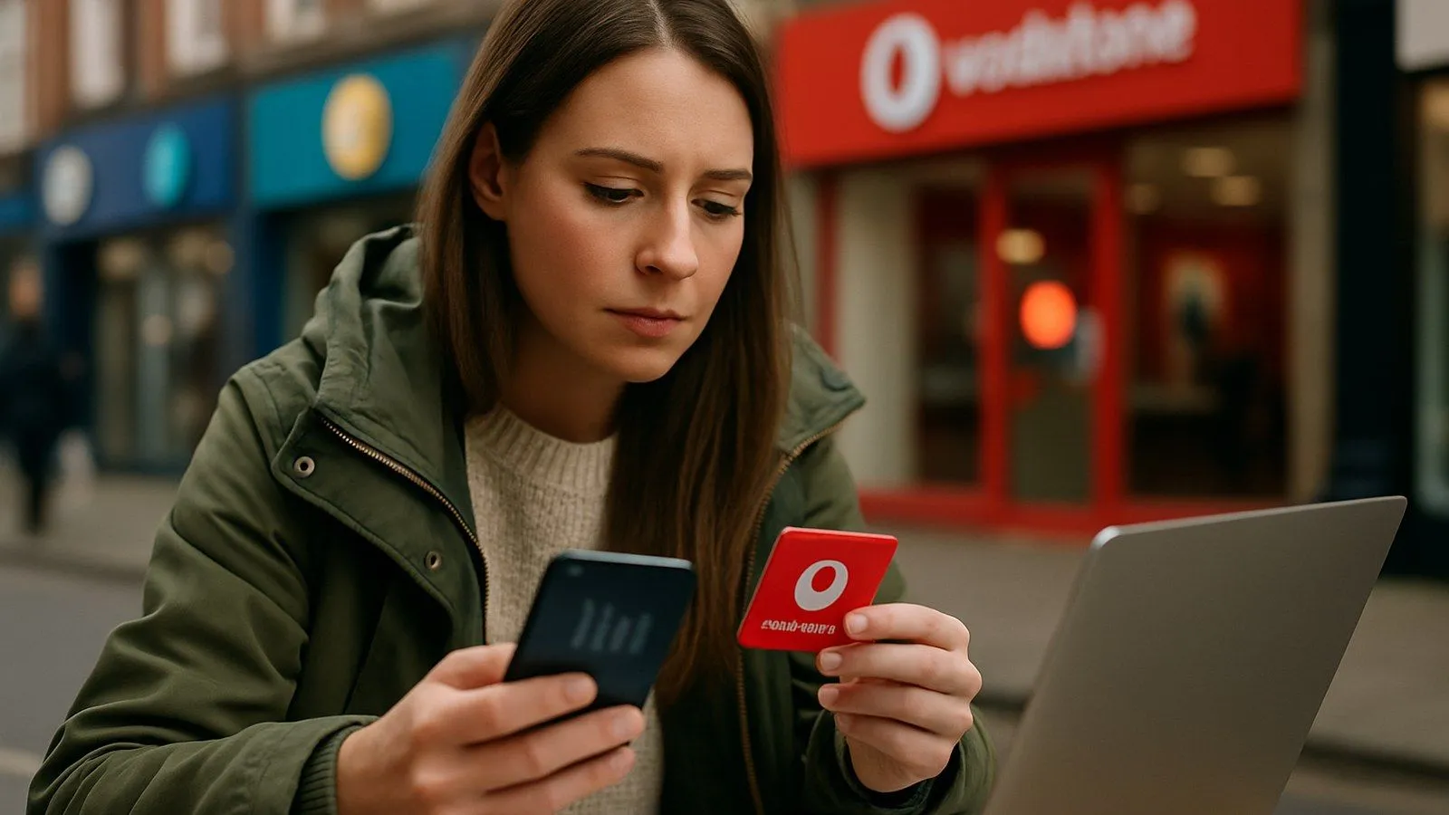 A woman in a green jacket holds a phone and a red card with a white circle logo, looking intently at the phone screen. A laptop is to her right, and a red shopfront is blurred in the background.