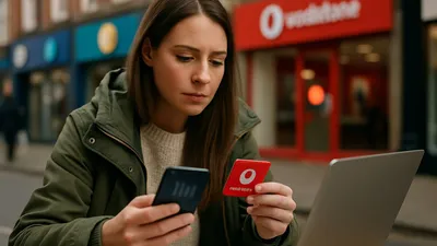 A woman in a green jacket holds a phone and a red card with a white circle logo, looking intently at the phone screen. A laptop is to her right, and a red shopfront is blurred in the background.
