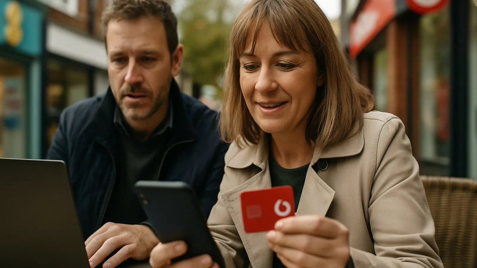 A man and woman sit outdoors. The woman holds a red card and a phone, smiling at the screen.