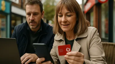 A man and woman sit outdoors. The woman holds a red card and a phone, smiling at the screen.