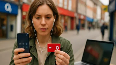 A woman with earphones holds a smartphone and a red card with a white arrow symbol, on a busy street.