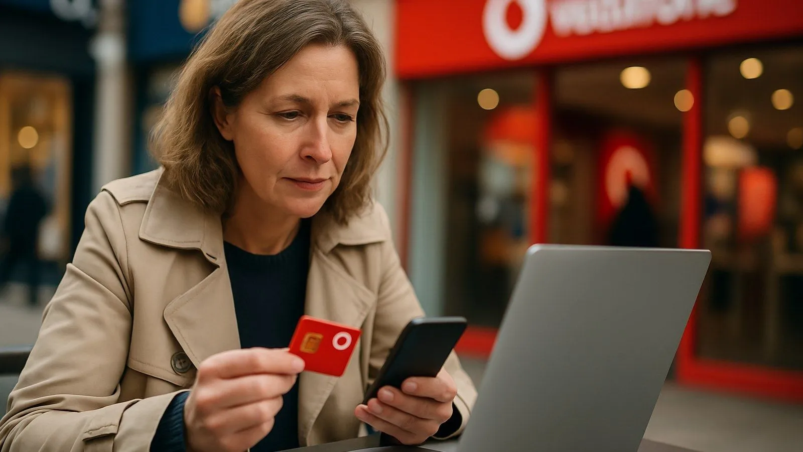 A woman in a trench coat holds a red SIM card and phone, looking at a laptop outdoors.
