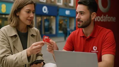 A man in a red polo shirt hands a red SIM card to a woman in a beige trench coat.