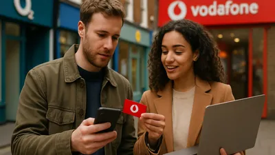 A man and woman stand outside a shop. The man looks at his phone, while the woman holds a red card and a laptop.