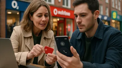 A woman in a trench coat holds a red SIM card while a man looks at a phone screen.