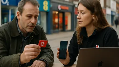 A man holds a red card while a woman shows him a smartphone, both sitting outdoors.