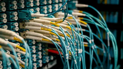 Close-up of numerous blue and yellow fiber optic cables plugged into a network switch.