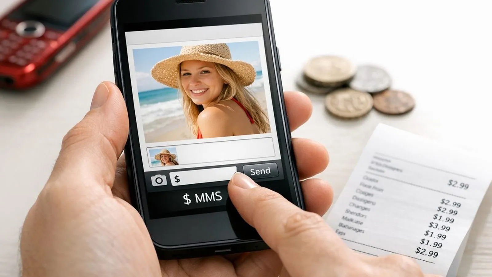 A person's hand holding a smartphone displaying a picture message of a woman on a beach. A bill and coins are on the table.