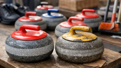 A close-up of several granite curling stones with red, blue, and yellow handles on a wooden surface.