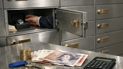 A person's arm places a watch into an open safety deposit box, with money and keys on a table.