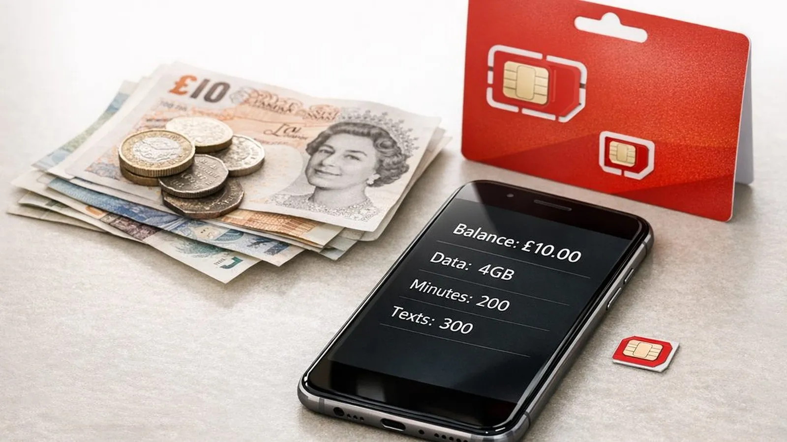 A smartphone displaying a £10 balance, 4GB data, 200 minutes, and 300 texts. Next to it are British banknotes, coins, and a red SIM card package.