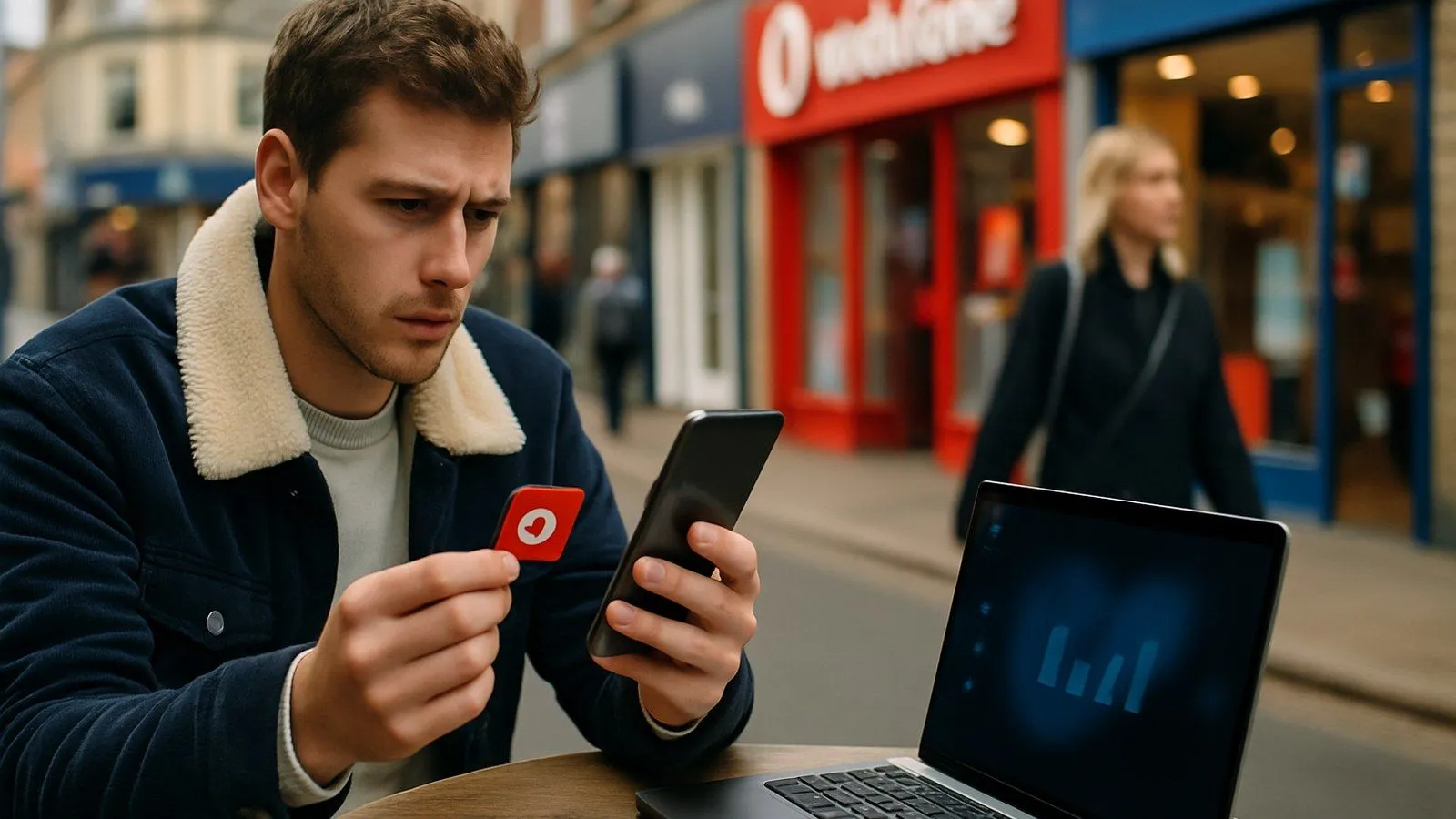 A man in a blue jacket with a cream collar sits outdoors, looking intently at his phone and a red card. A laptop is open on the table, and a woman walks past in the background.