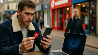 A man in a blue jacket with a cream collar sits outdoors, looking intently at his phone and a red card. A laptop is open on the table, and a woman walks past in the background.