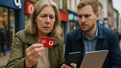 A concerned woman holds a red SIM card while a man looks at a phone and laptop.