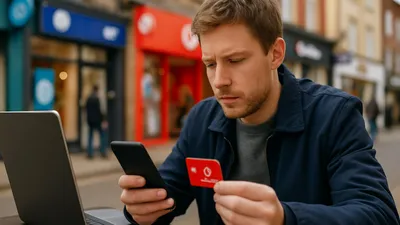 A man sits outdoors with a laptop, holding a smartphone and a red SIM card, looking focused.