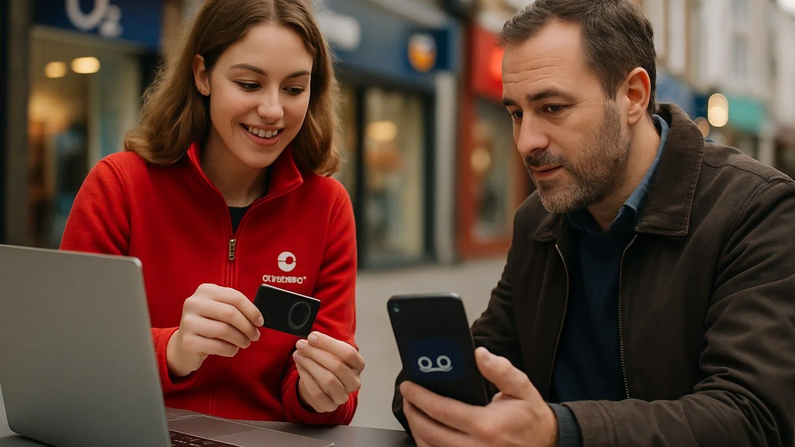 A smiling woman in a red jacket holds a small device while a man looks at a phone with a voicemail icon.