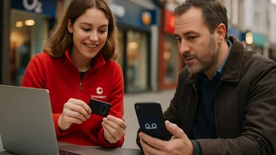 A smiling woman in a red jacket holds a small device while a man looks at a phone with a voicemail icon.
