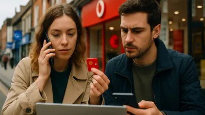 A woman on the phone and a man looking at a SIM card, both focused on their devices.
