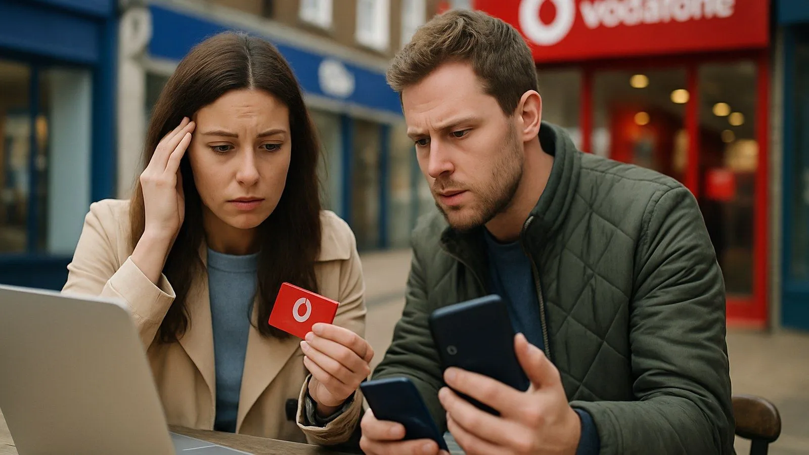 A stressed woman holds a red card while a man looks at his phone, both sitting outdoors.