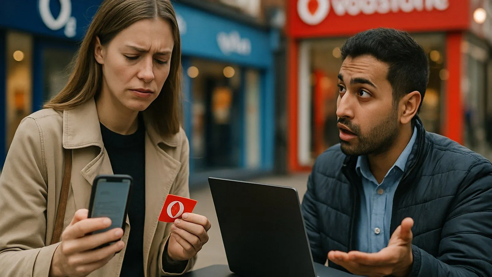 A woman looks confused at her phone and a red card, while a man gestures beside a laptop.