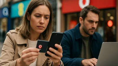 A woman holds a phone and a card with a red circle logo, looking confused. A man works on a laptop beside her.