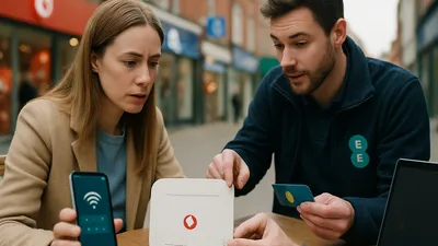 A woman and a man are sitting at a table outdoors, looking at a white router and a smartphone.