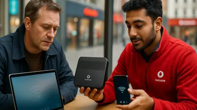 Two men looking at a black router. One man holds a phone displaying a WiFi symbol, the other looks at a laptop.