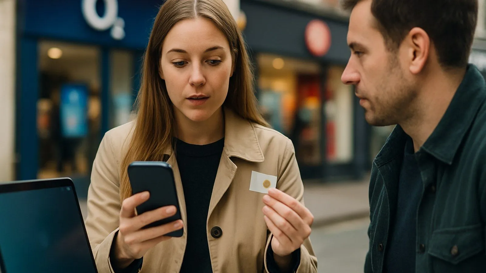 A woman in a beige coat holds a phone and a SIM card, looking at the phone. A man sits beside her.