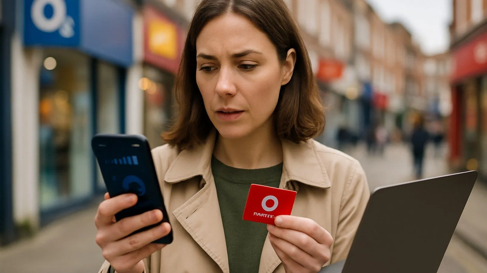 A woman in a trench coat holds a smartphone and a red card, looking confused on a city street.