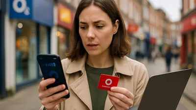 A woman in a trench coat holds a smartphone and a red card, looking confused on a city street.