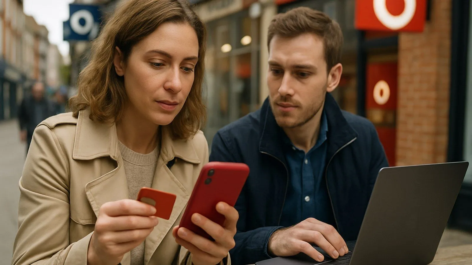 A woman in a trench coat holds a red phone and a SIM card, while a man uses a laptop next to her.