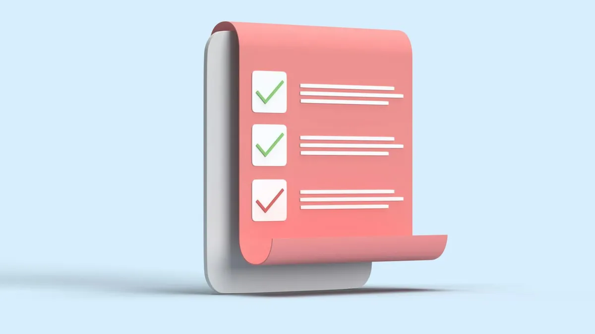 3D illustration of a checklist with checkmarks on a rolled paper sheet against a blue backdrop.