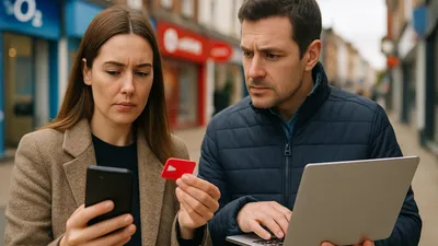 A man and woman looking confused while using a smartphone and laptop on a high street.