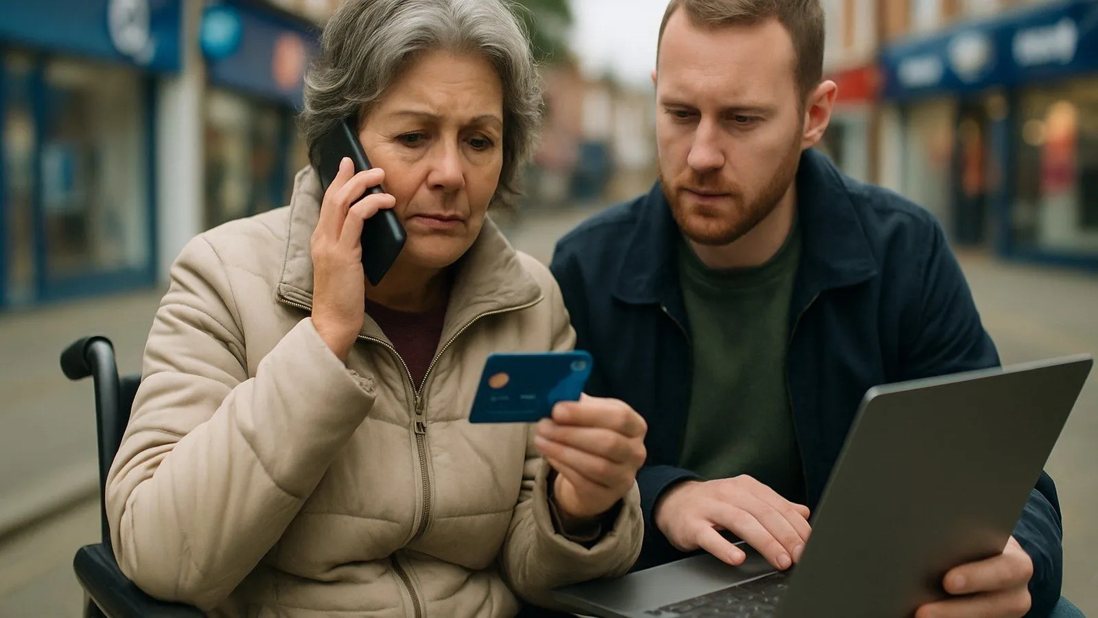 A woman in a wheelchair talks on a phone, holding a blue card, while a man uses a laptop beside her.