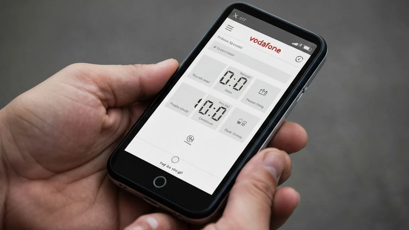 A person's hands holding a black smartphone displaying the Vodafone app with credit information.