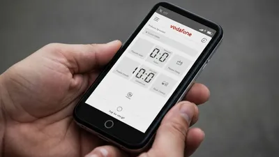 A person's hands holding a black smartphone displaying the Vodafone app with credit information.